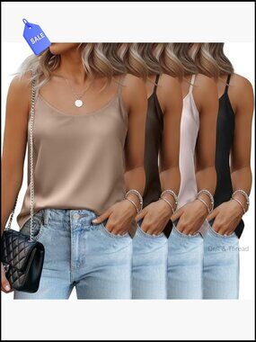 4 Pack Silk Satin Tank Tops Adjustable Straps Crewneck Camisole Blouse